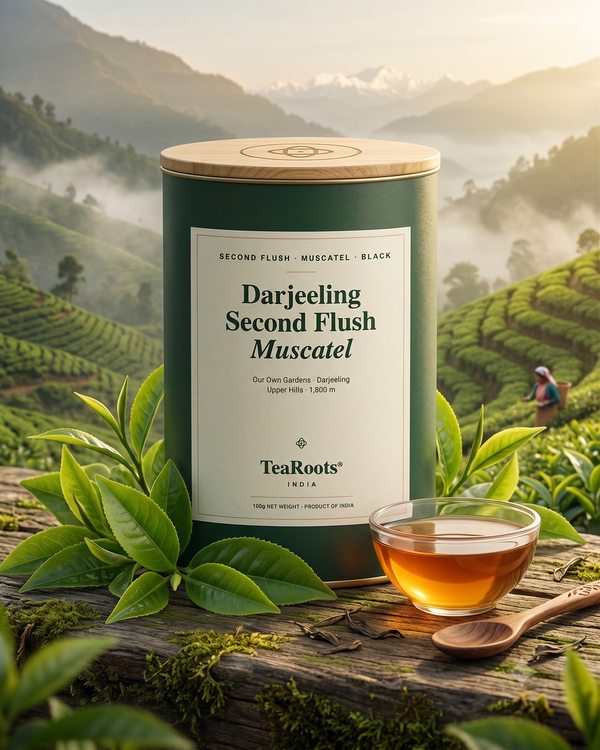 Darjeeling Second Flush Muscatel tin in a Darjeeling tea garden