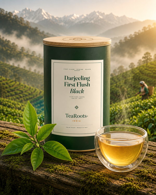 Darjeeling First Flush Black tin with a freshly brewed cup, tea gardens and the Himalayas behind