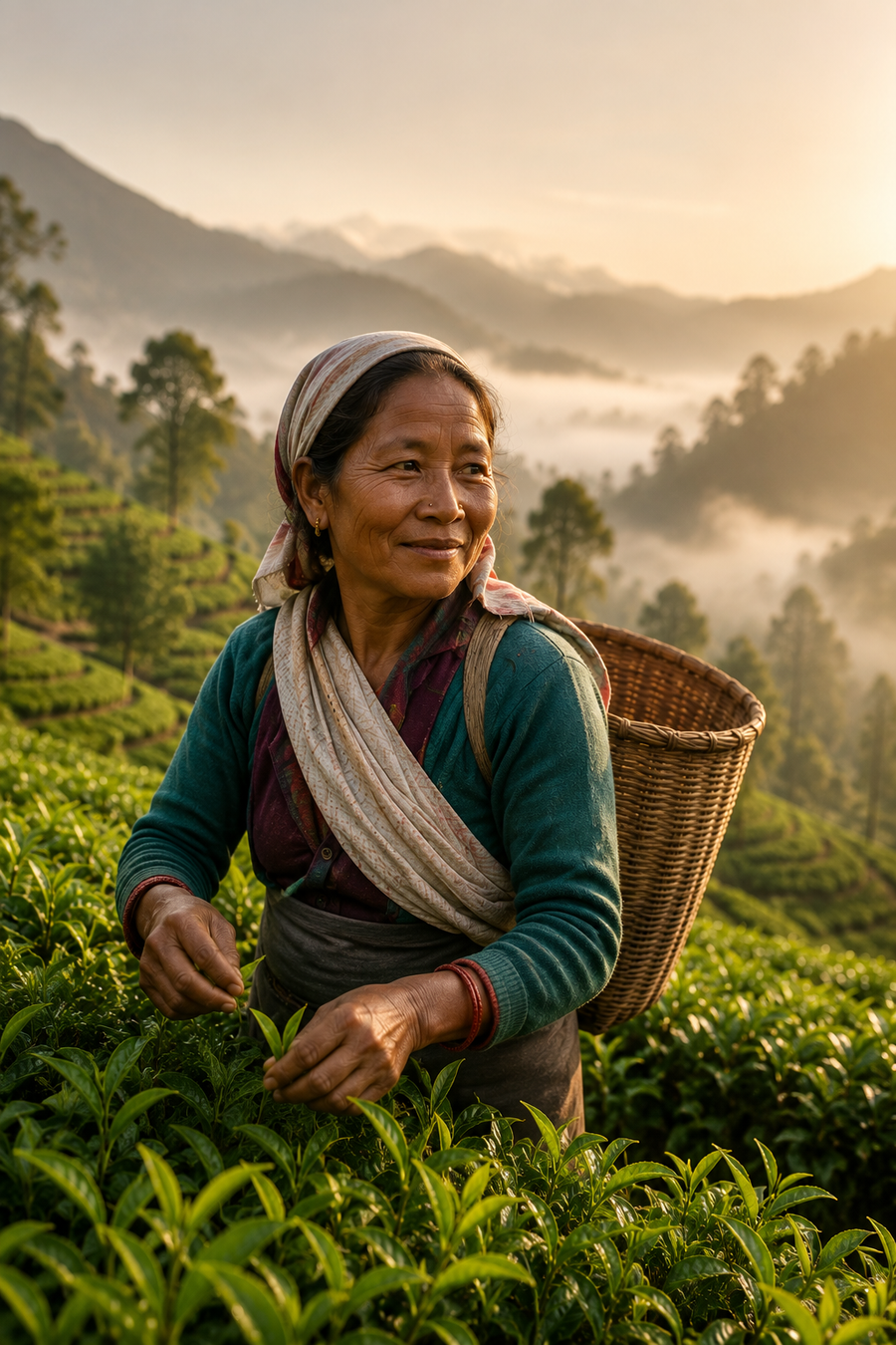 A Tearoots picker plucking first-flush leaf at sunrise in our Darjeeling gardens